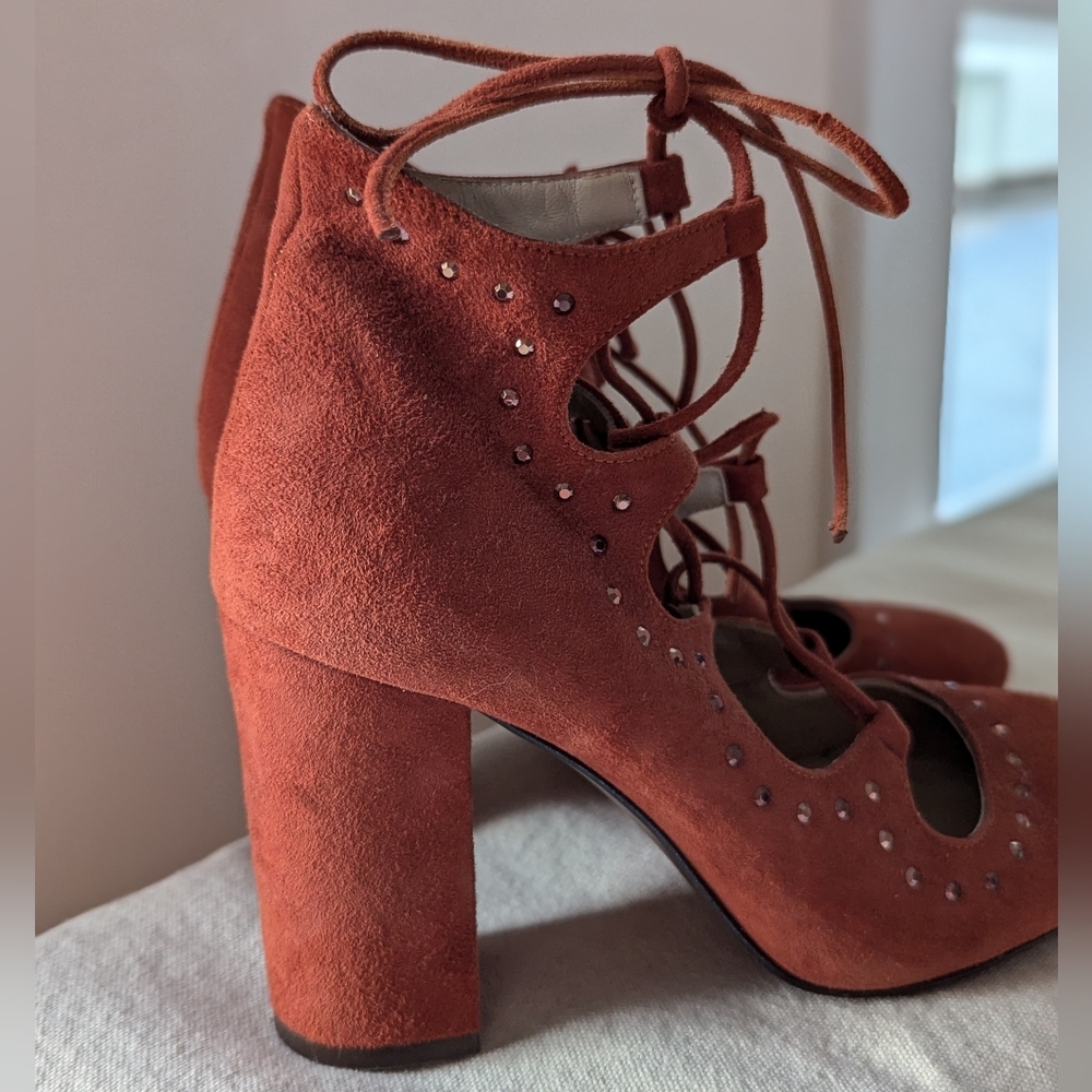 Sapena Spain Lace Up Chunky Ankle Heel Brown Suede Leather Round Yoe Euro 37.5 - Picture 3 of 16